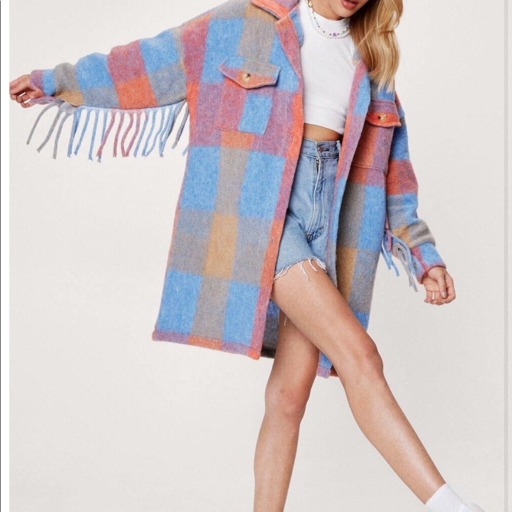 Wool Look Check Design Fringe Shirt Jacket